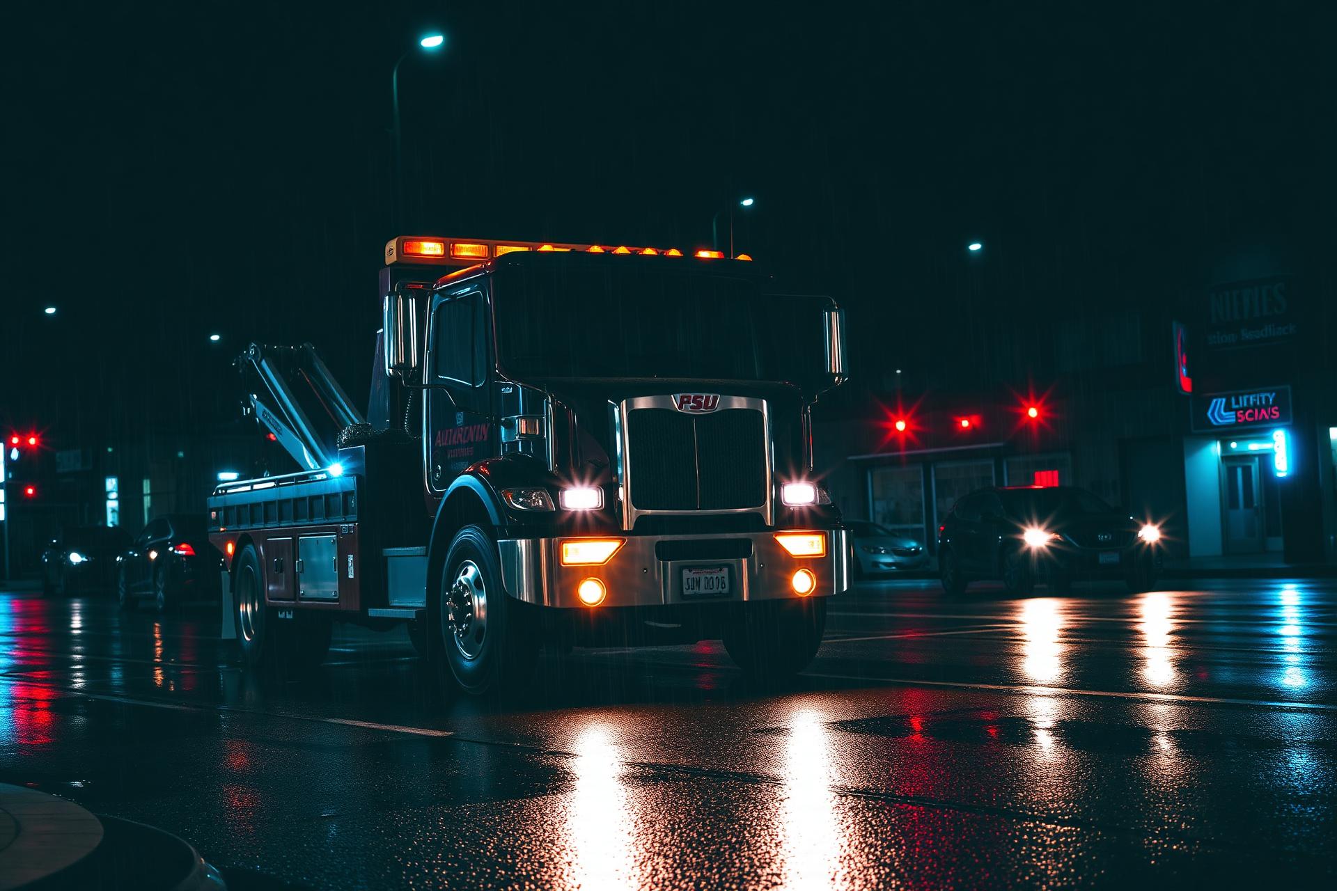 Tow truck on a wet Fresno street at night